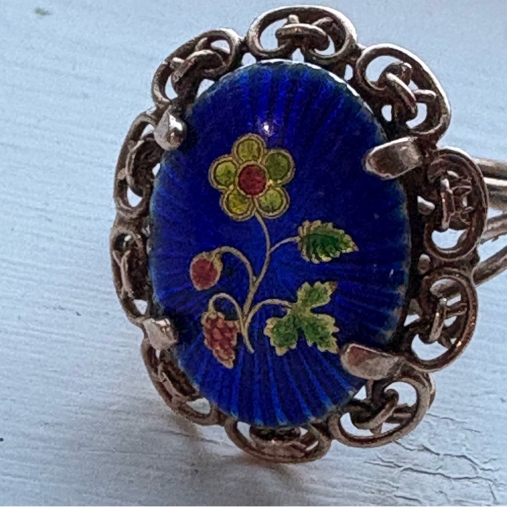 Victorian Cobalt Blue Enamel Glass Floral Women’s Antique Ring